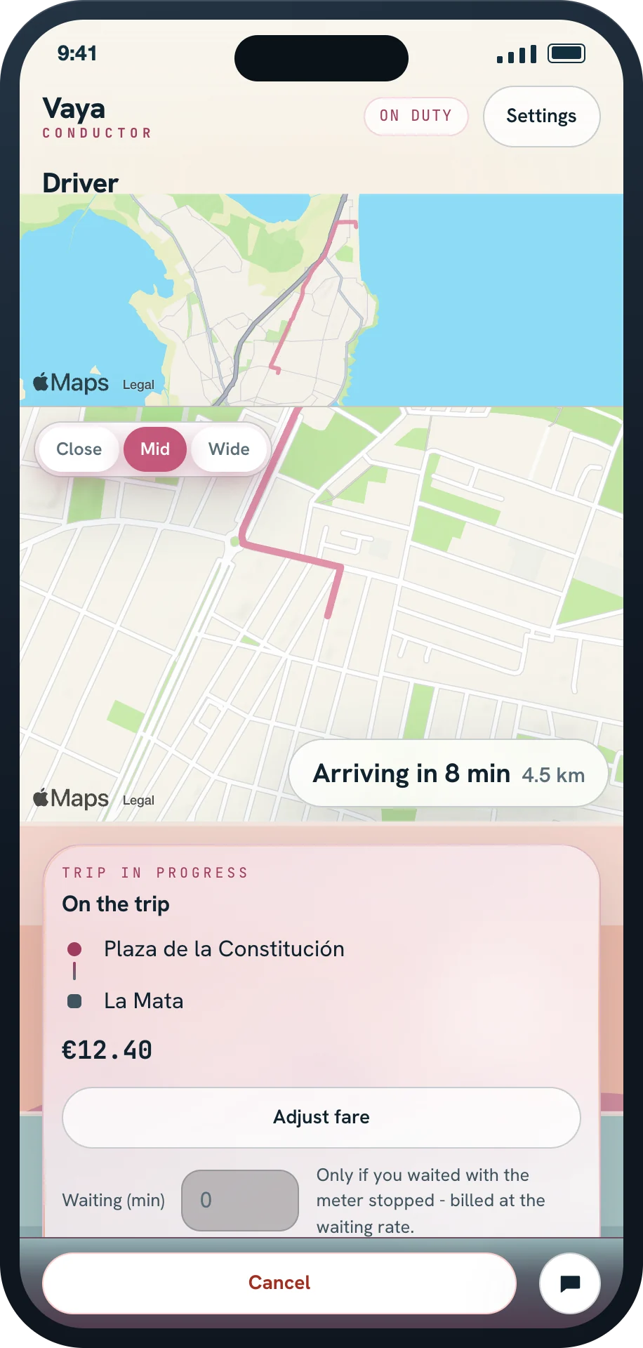 Driver trip screen with route, fare and adjust-fare button