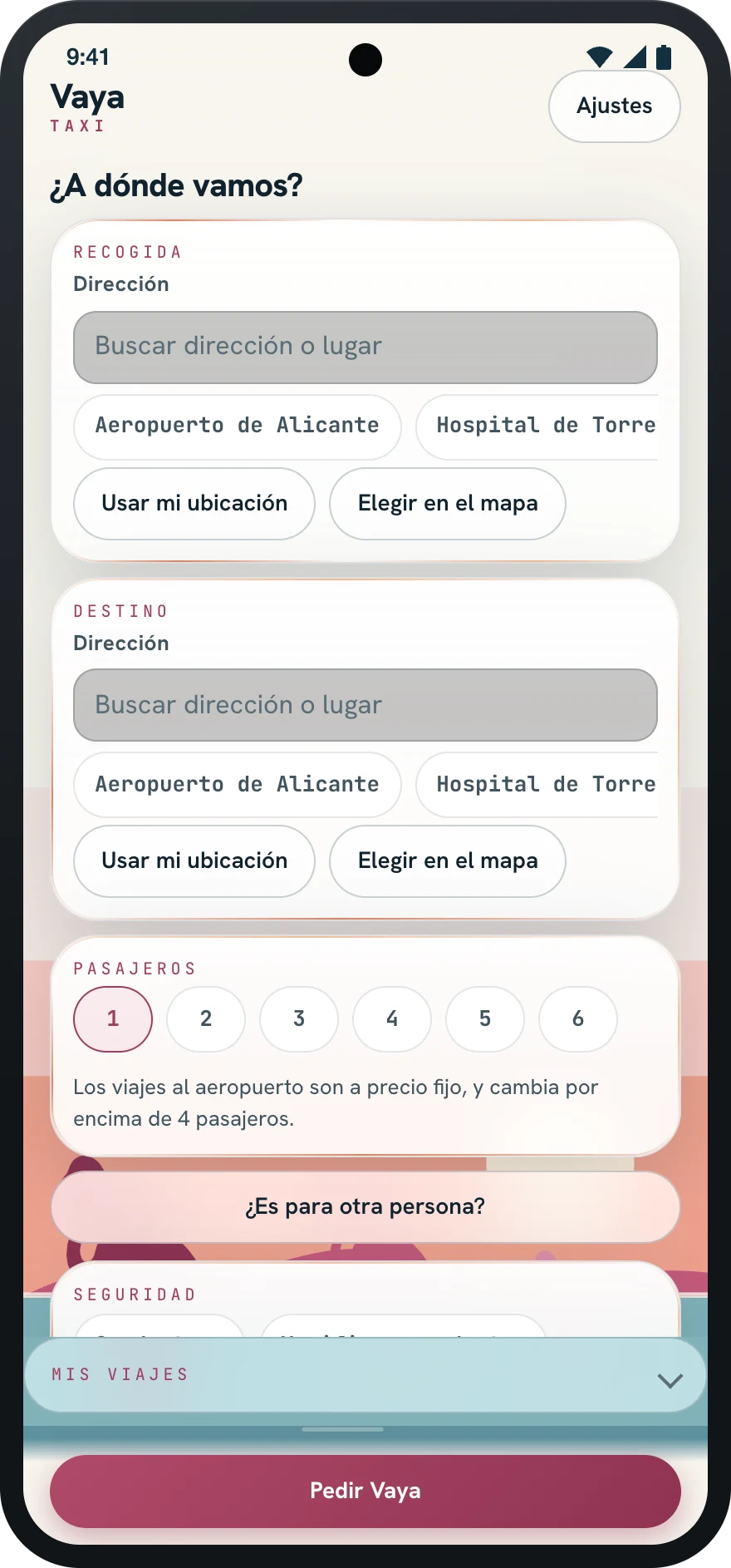 Pantalla para pedir taxi en un móvil Android: recogida, destino y pasajeros