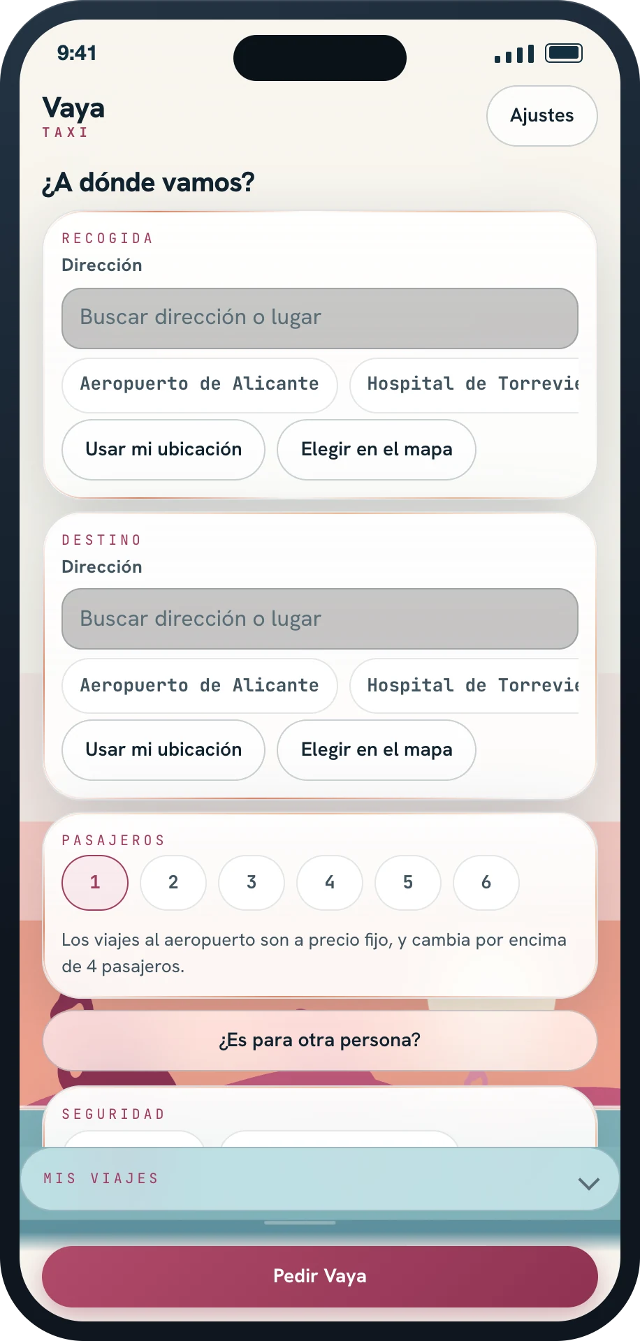 Pantalla del pasajero: recogida, destino, pasajeros y sitios rápidos