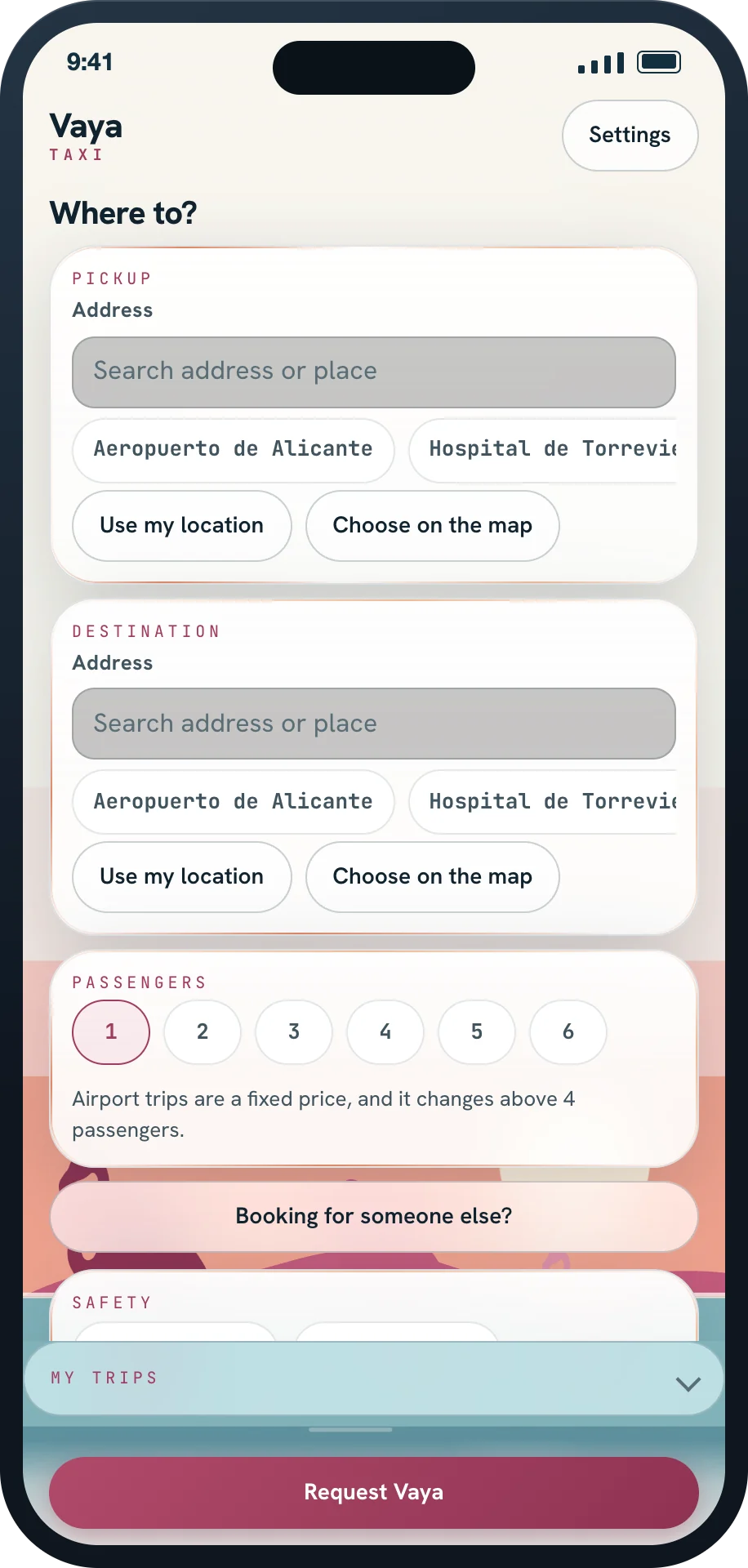 Rider screen: pick-up, destination, passengers and quick places
