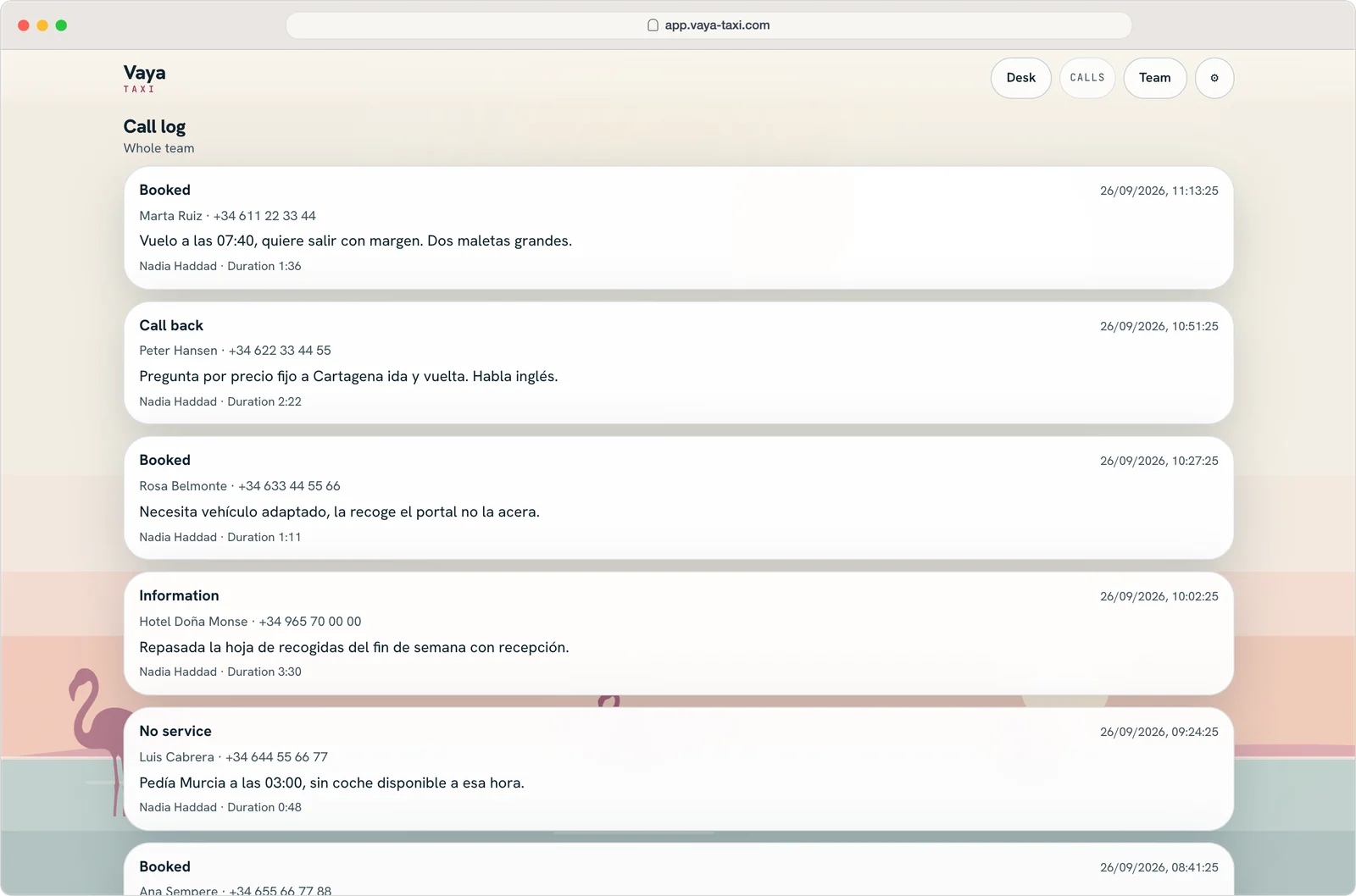 Call log listing booked calls, call-backs and information calls